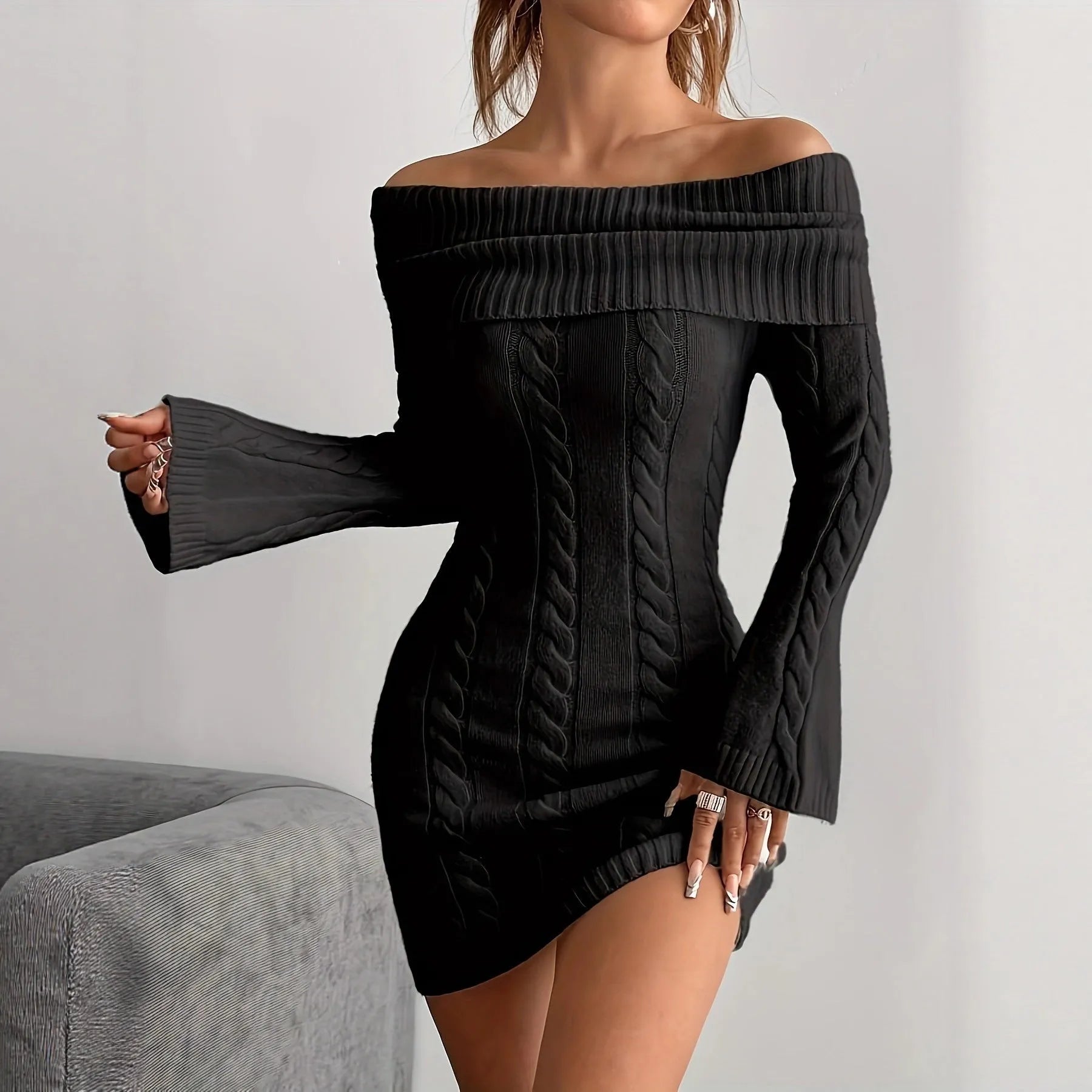 Women's loose polyester sweater dress with boat neck and flared sleeves in a casual ribbed knit finish