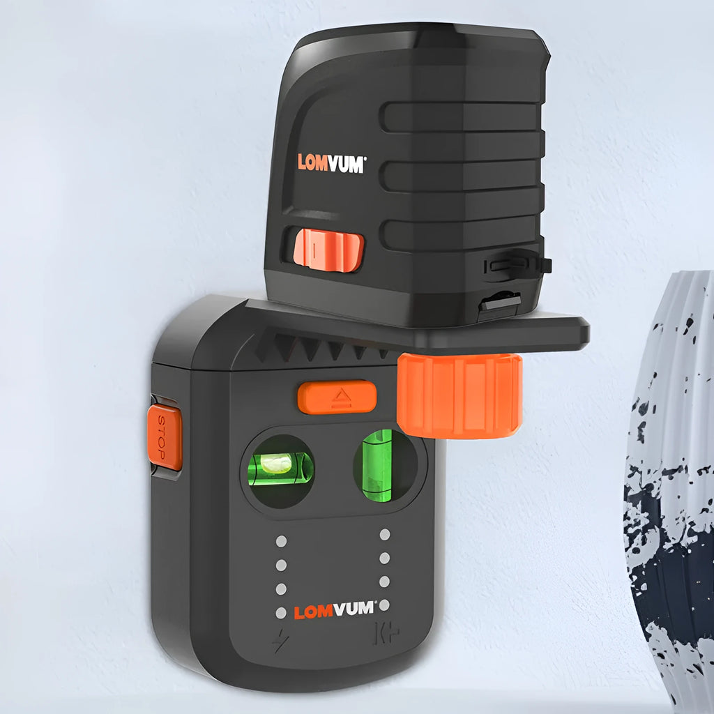Electric hammer drill cover with red laser level and dust collection indicator showing dimensions 77x52x190mm