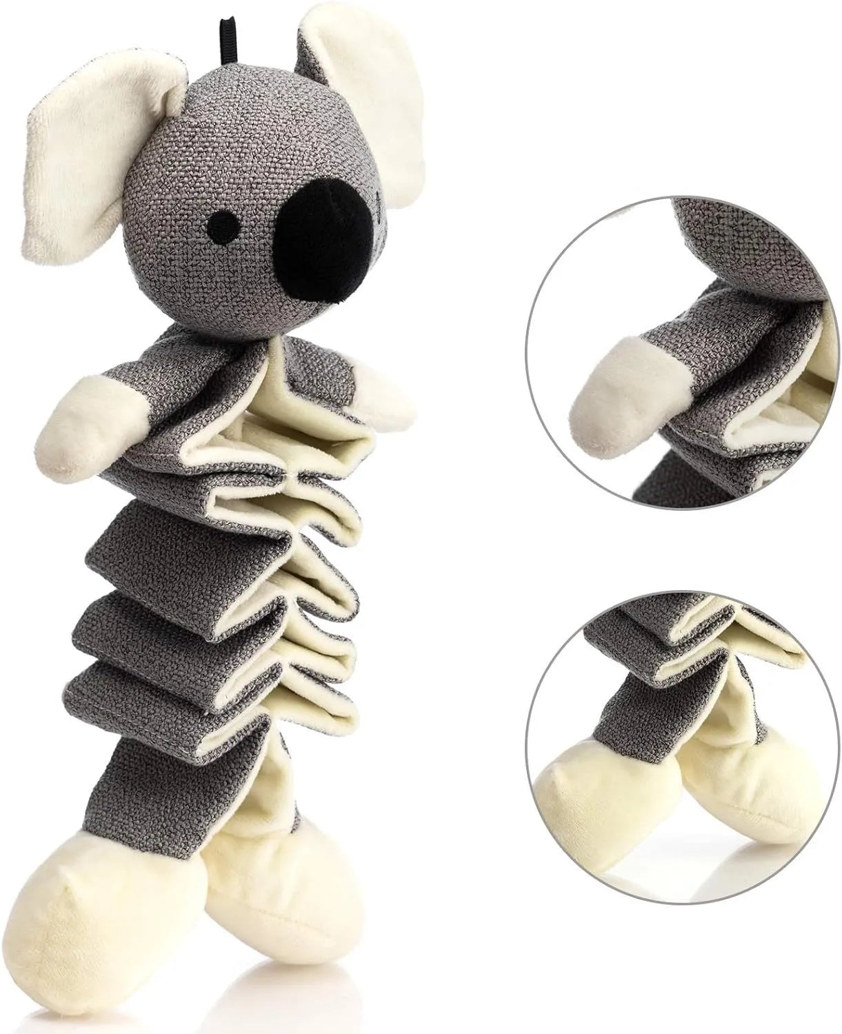 Grey koala plush dog toy with crinkle paper squeaker, measuring 30cm long.
