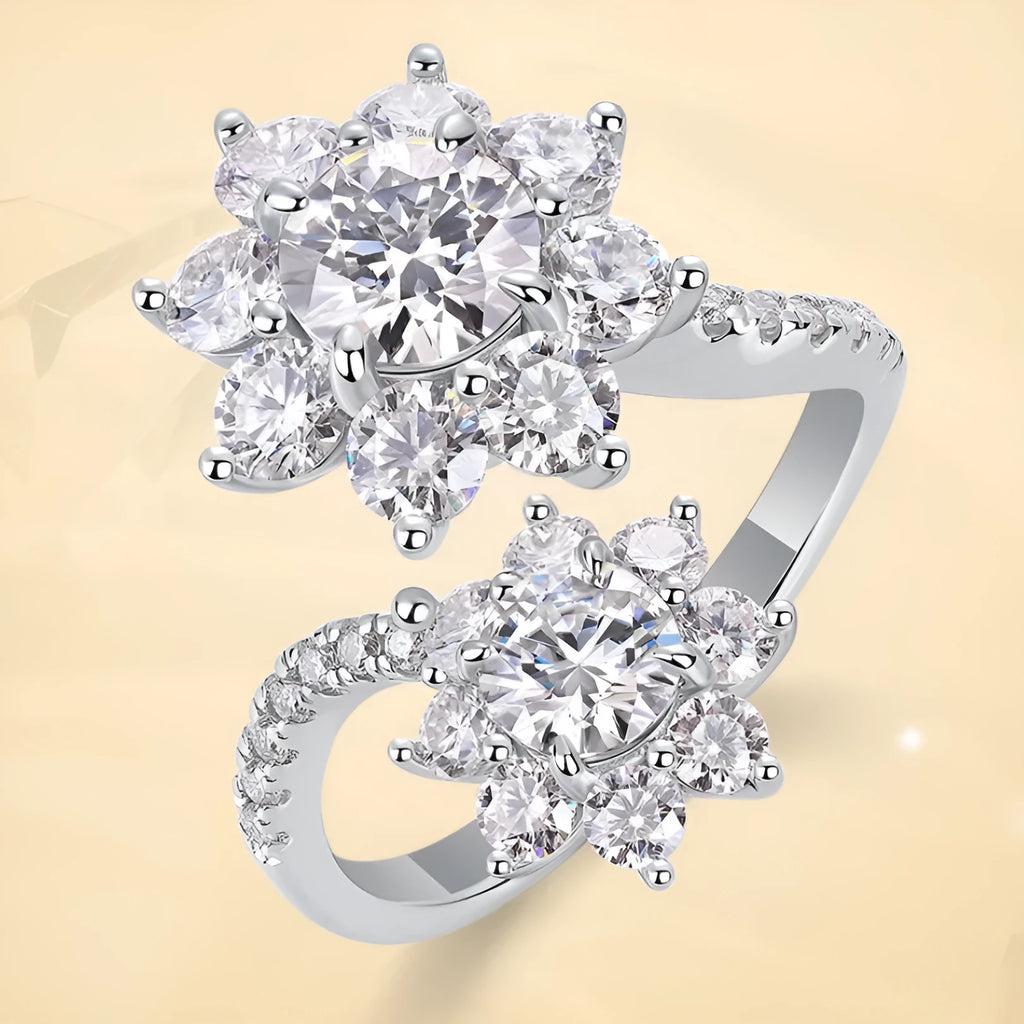Open silver ring with round moissanite inlay and geometric shape, women's fashion OL style, US sizes 5 to 9