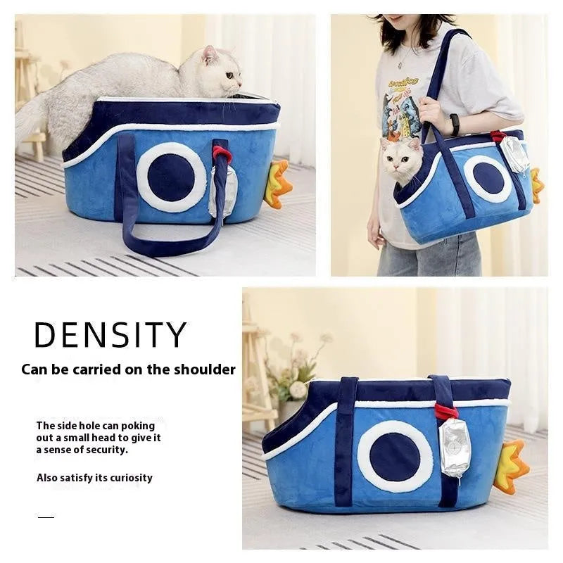 Shoulder cat bag with cartoon pattern and vertical stripes in plush material