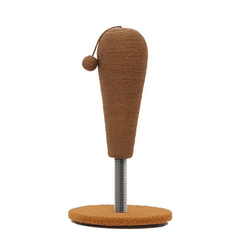 A hemp rope cat scratching board with a colourful cat grasping ball toy placed beside it.
