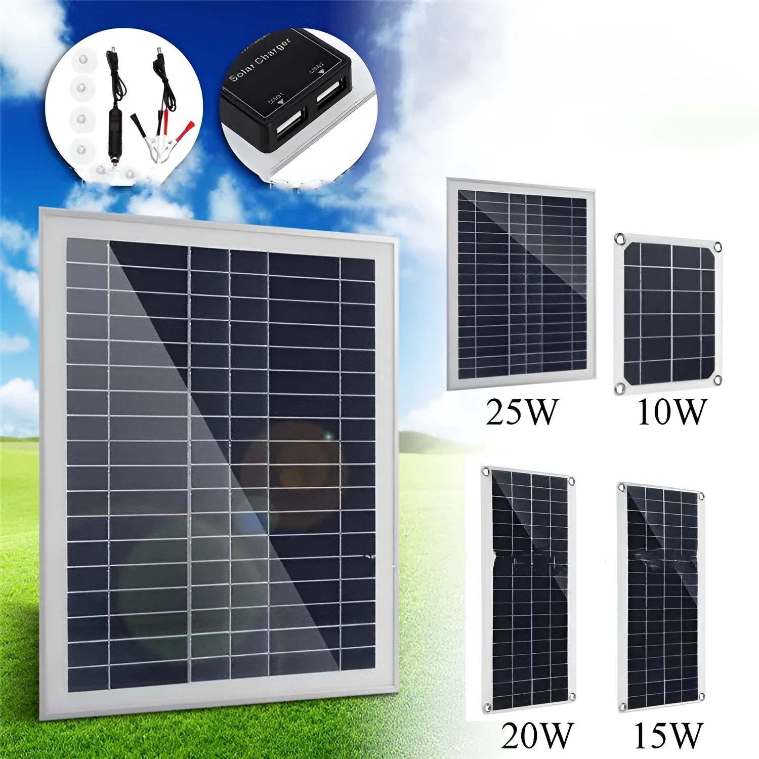 Polysilicon solar panel charger with dual USB ports for outdoor device charging.