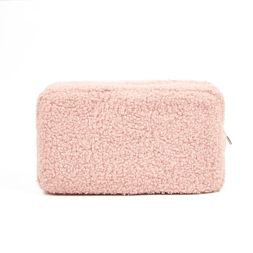 Large capacity velvet storage bag for cosmetics, teddy plush material, cube shape, pink colour, 23x8x12.7cm