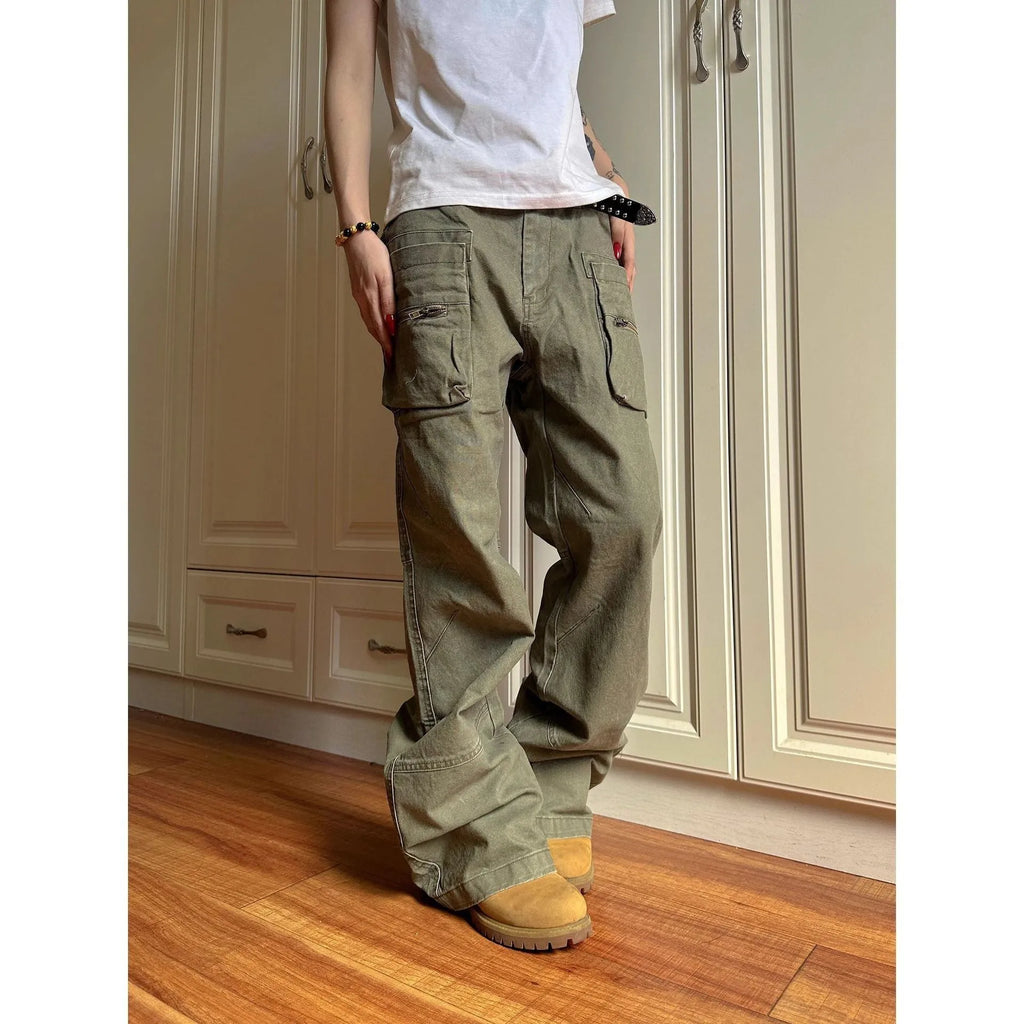 Double zipper workwear casual pants in cotton fabric with pocket design available in black and green