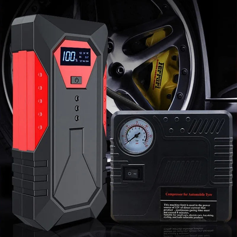 Red 12V car jump starter power bank with battery clamps, 18800mAh capacity for emergency vehicle starting
