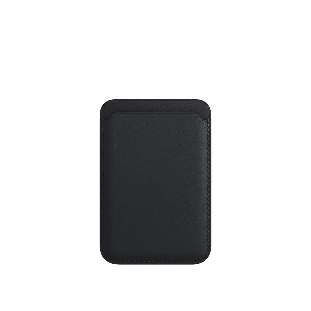 Black MagSafe-compatible iPhone case with integrated magnetic card holder in PU leather