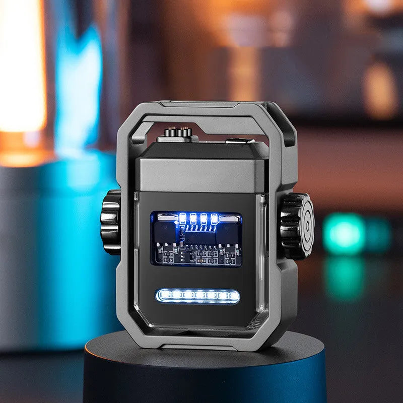 Blue windproof plasma electric lighter with a spinning metal gyroscope and USB Type-C charging port