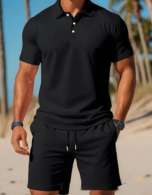 Men's casual beach mesh lapel set with short-sleeved shirt and shorts in polyester fibre, available in multiple colours.