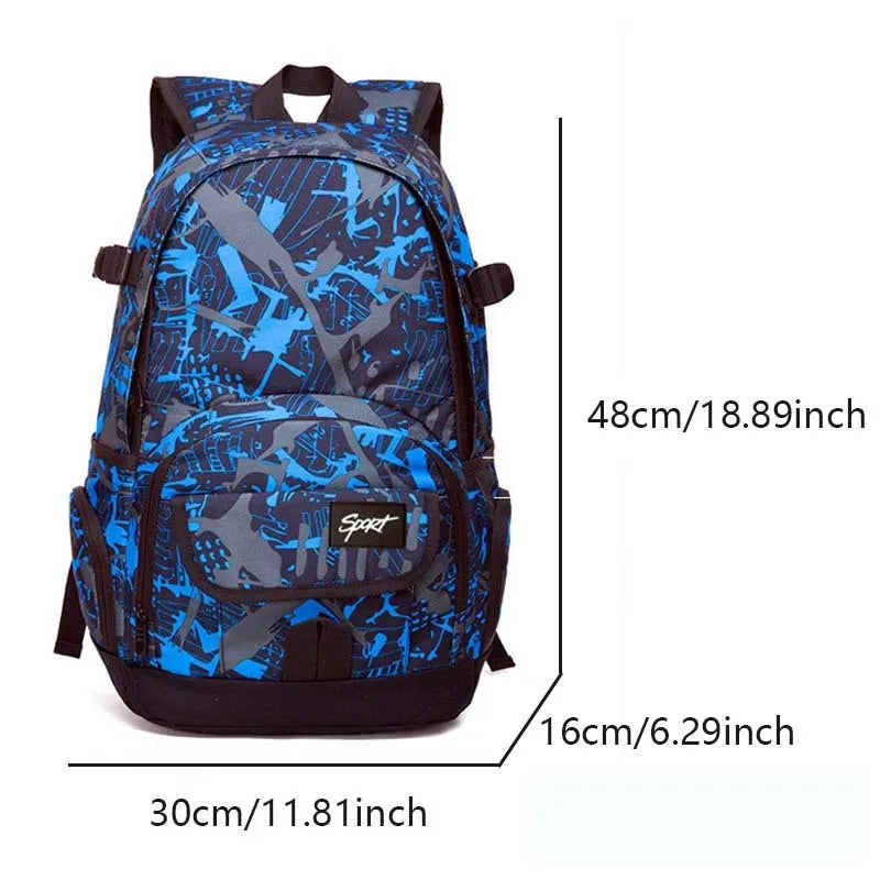 Classic large blue nylon backpack for school and travel displayed.