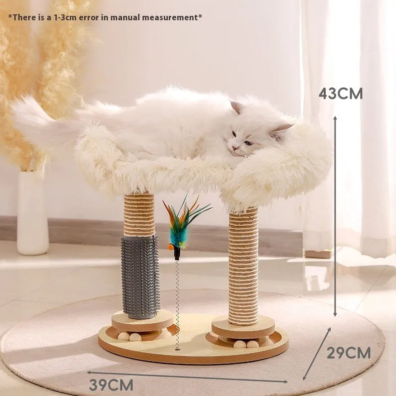Solid wood cat scratch board toy with turntable and teasing ball in choice of themed designs