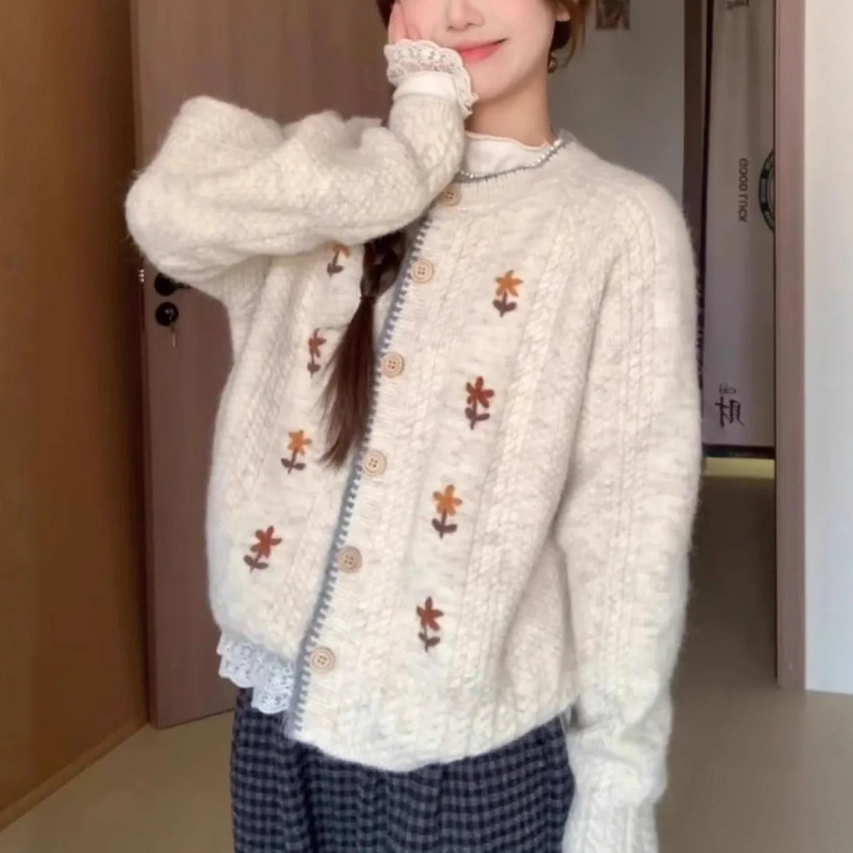 Japanese style oatmeal flower knitted cardigan for women with round neck, long sleeves and button front