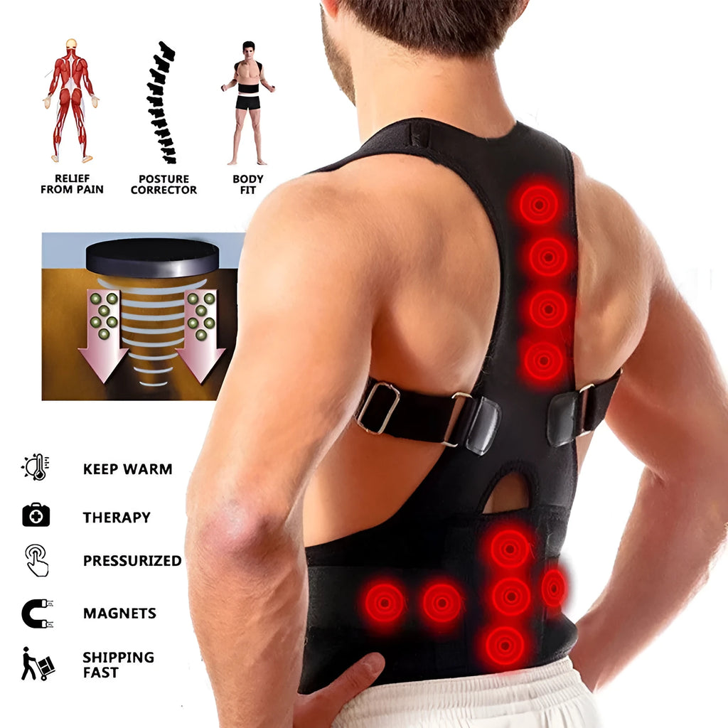 Kyphotone black back posture corrector with shoulder straps and waist belt on a plain background