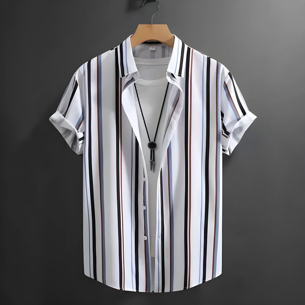 Men's striped casual shirt with stand collar and short sleeves in loose fit cardigan style