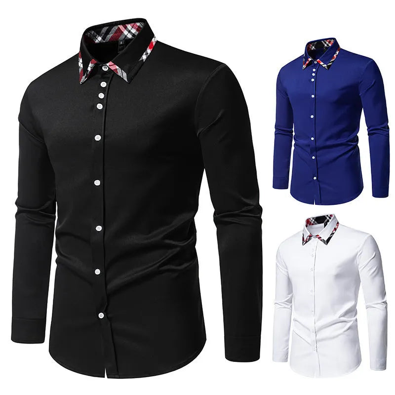 Men's blue plaid long sleeve shirt with a black triangle contrast collar.
