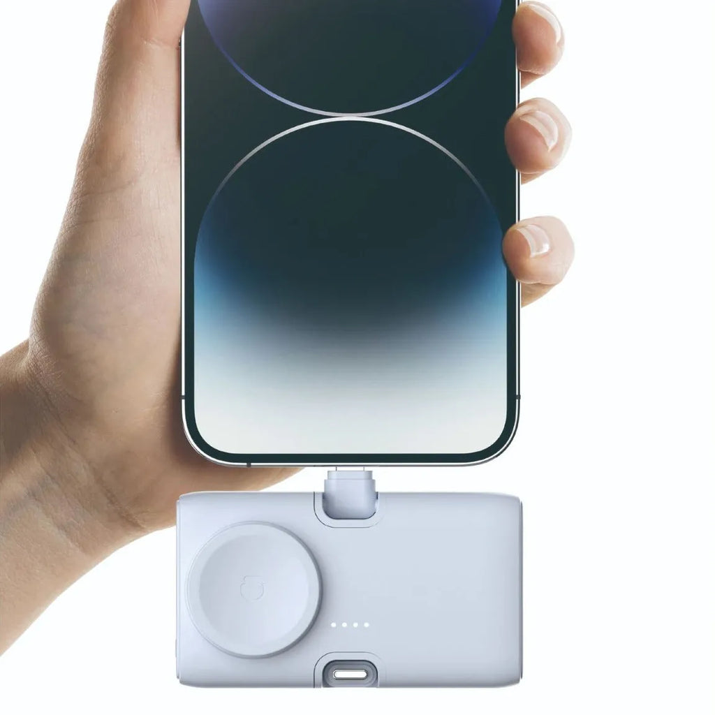 White wireless pocket power bank showing front display and compact 10.5cm size