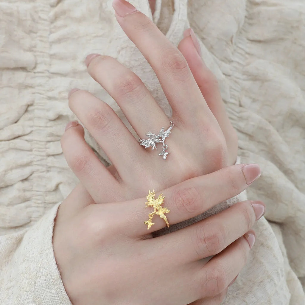 Women's silver butterfly ring with adjustable opening in electroplated gold colour