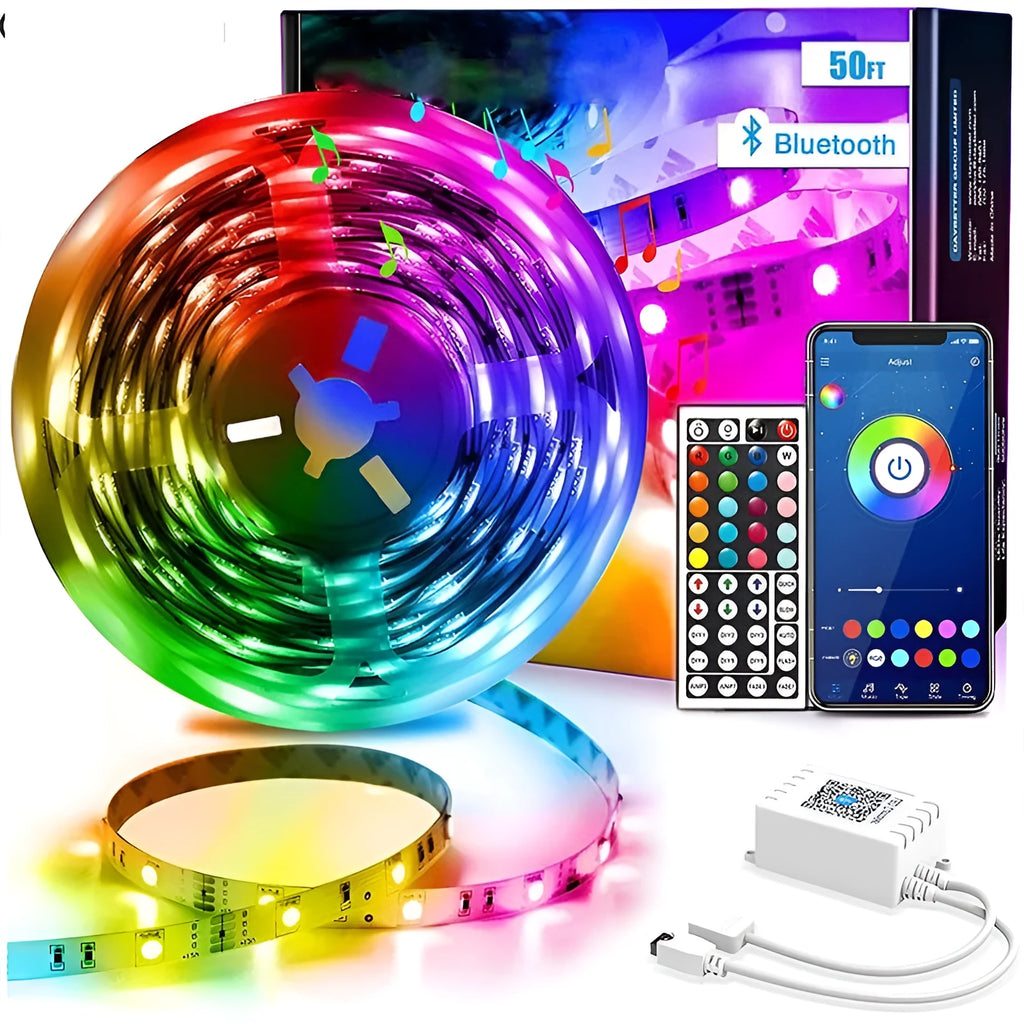 12V RGB LED light strip with 44-key Bluetooth remote and power adapter on a white background.