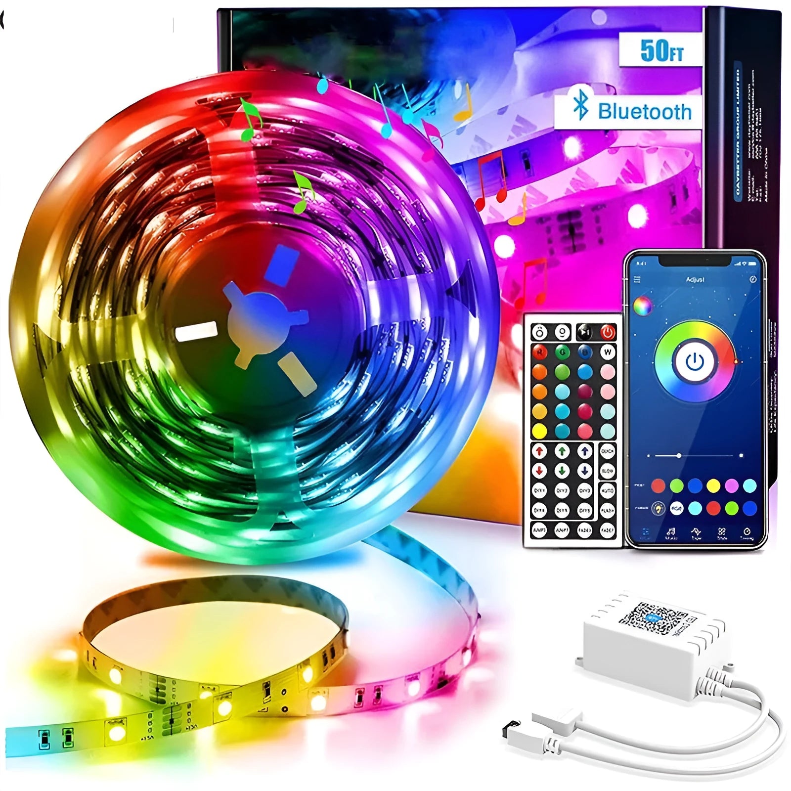 12V RGB LED light strip with 44-key Bluetooth remote and power adapter on a white background.