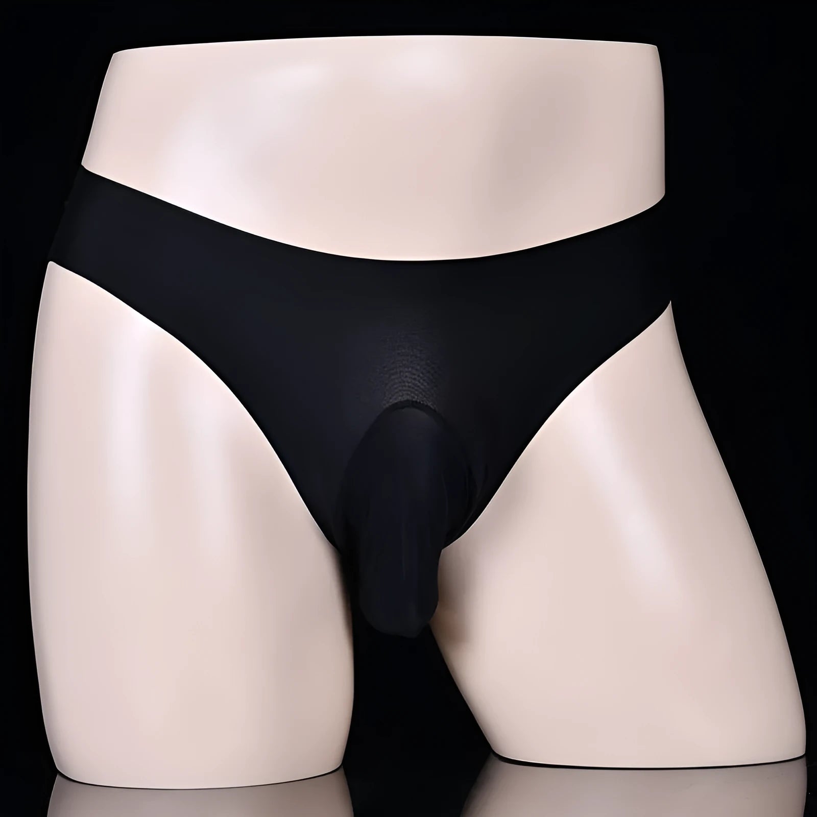 Men's black ice silk low-waist briefs showing the ultra-thin T-back design.