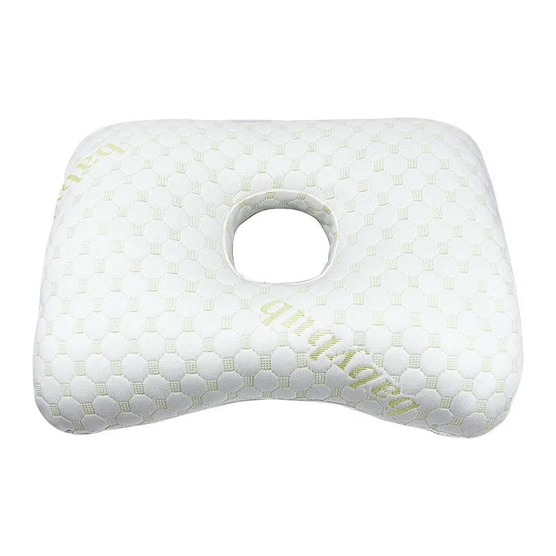 Single hole beauty salon ear pillow in plaid grey, showing dimensions and detachable cover feature