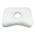 Single hole beauty salon ear pillow in plaid grey, showing dimensions and detachable cover feature