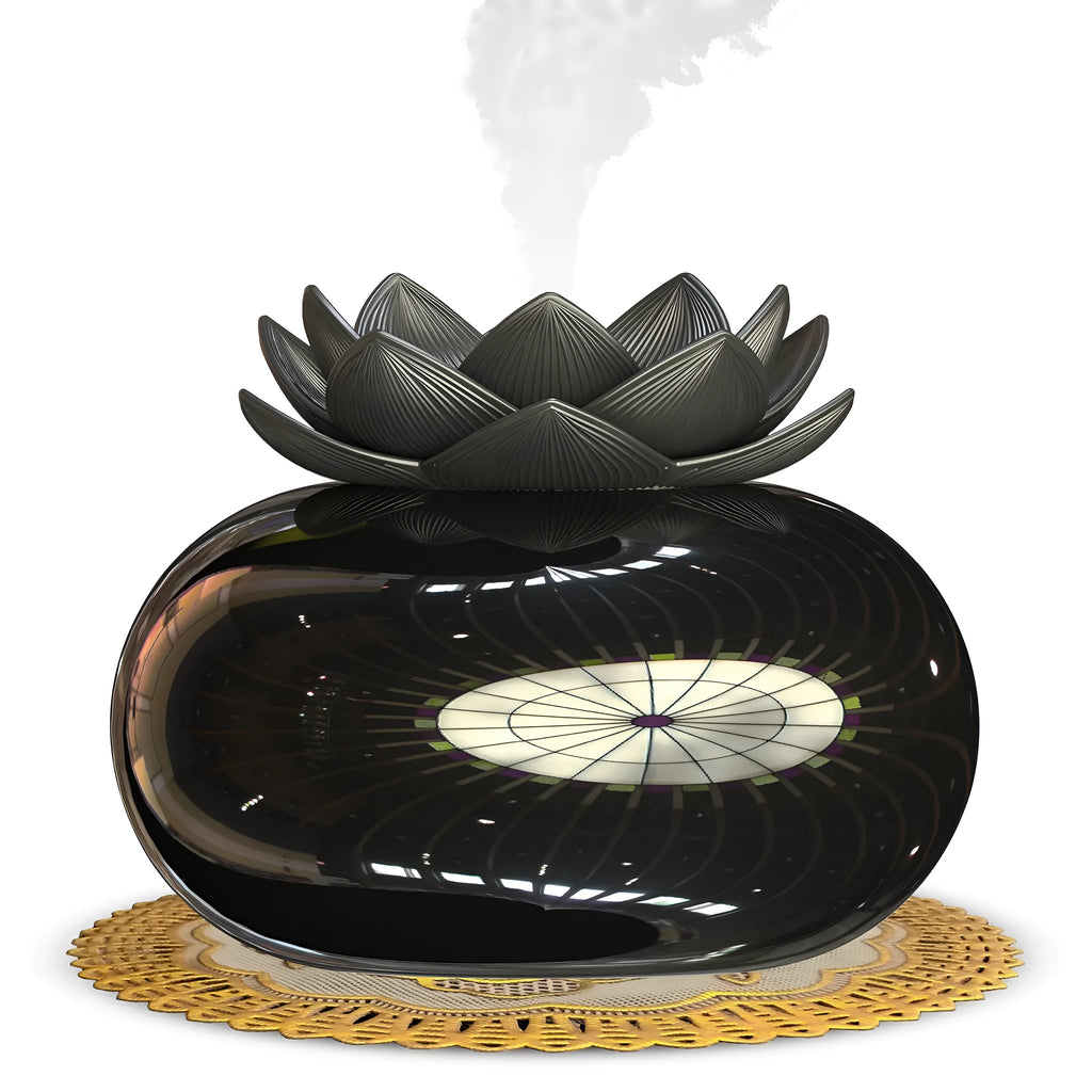 Pure black lotus shaped ultrasonic humidifier with USB connection and ceramic plastic construction