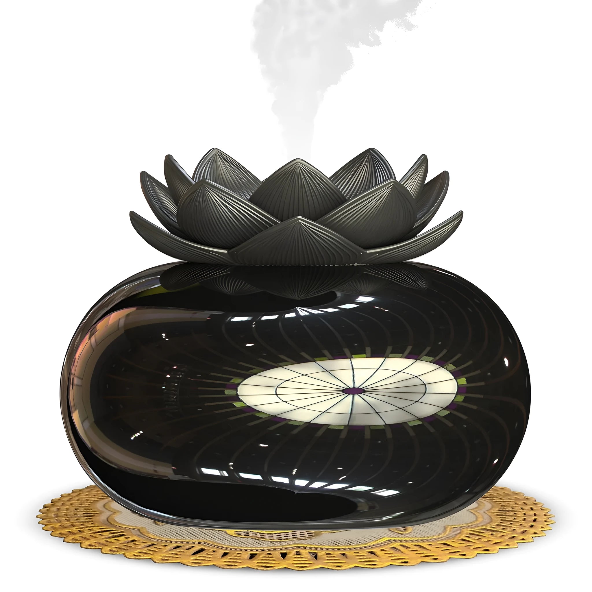 Pure black lotus shaped ultrasonic humidifier with USB connection and ceramic plastic construction