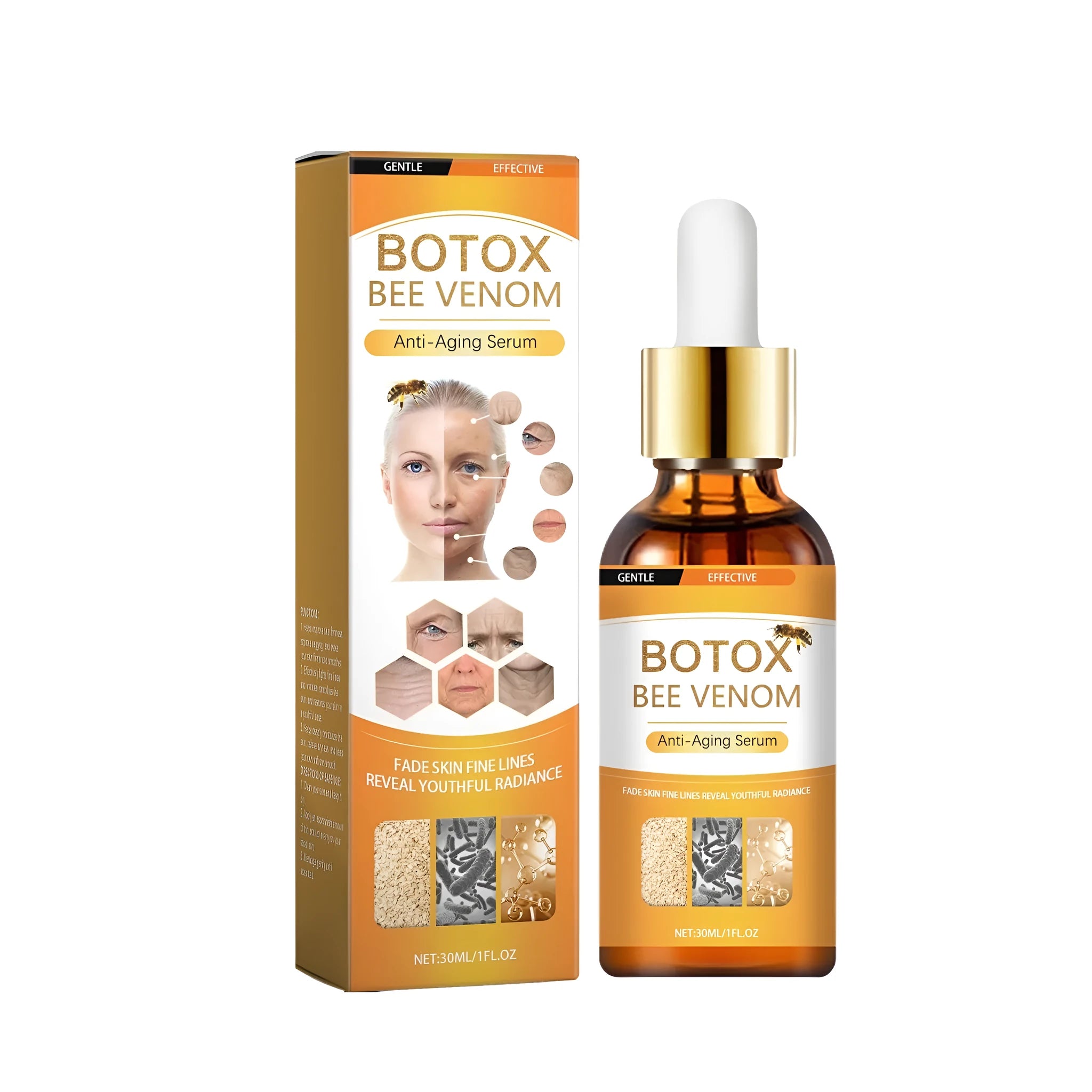 30ml bottle of anti-ageing facial essence serum with hyaluronic acid and bee venom