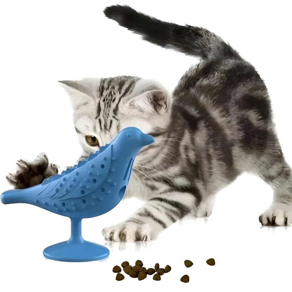 Blue bird shape interactive cat toy with suction cup base on a floor