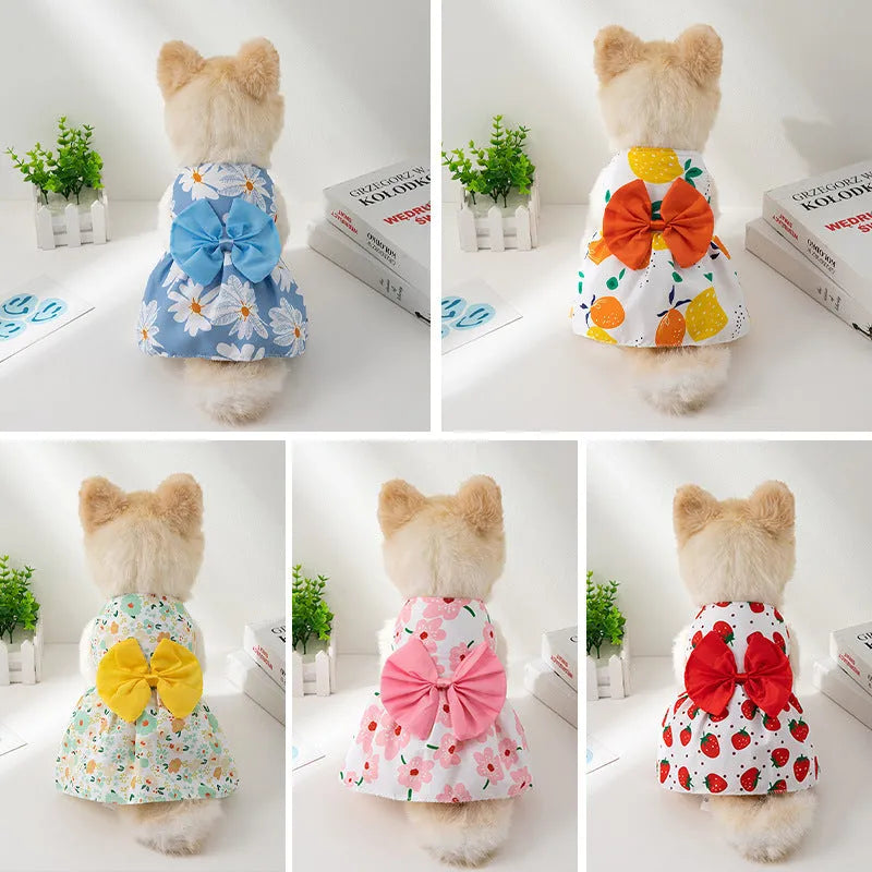 Ultra-thin polyester pet dress with butterfly knot and floral print in multiple colour options