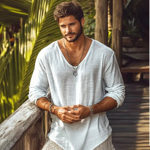 Beige V-neck long-sleeved t-shirt on hanger showing slim fit and hemp blend fabric texture