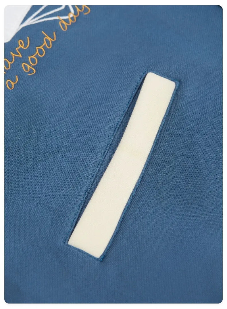 Blue varsity baseball uniform jacket with stand-up collar, single-breasted front, and loose fit, sizes S to XL