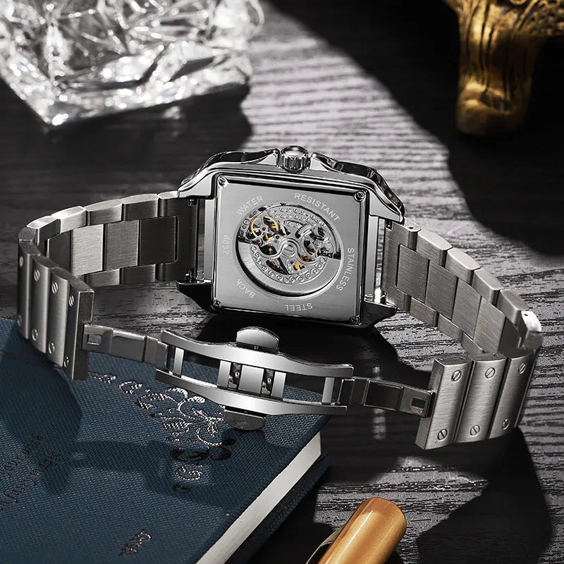 Square diamond-studded automatic watch for men in business style with black or white options