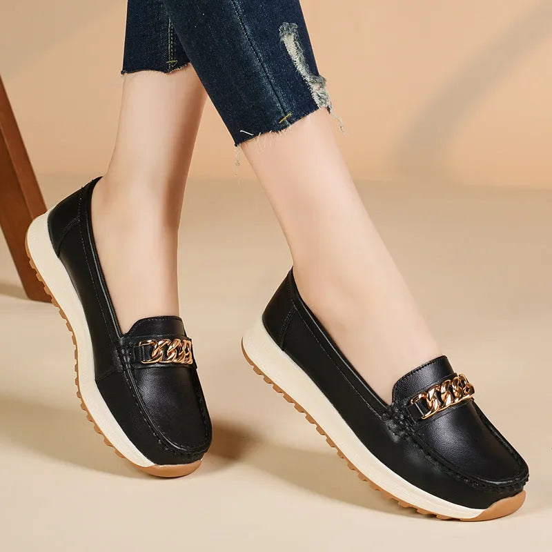 Women's casual round toe solid colour PU leather loafer in beige, black, cameo brown, and sapphire blue