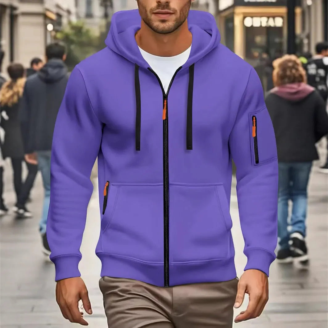 Man wearing a zip-up fleece-lined hooded sweatshirt in army green colour.