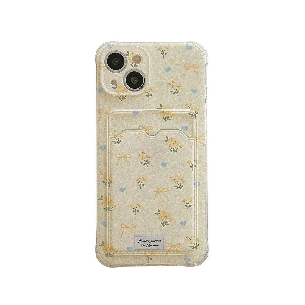 Small broken flower TPU phone case with card holder for iPhone in pink full screen pattern