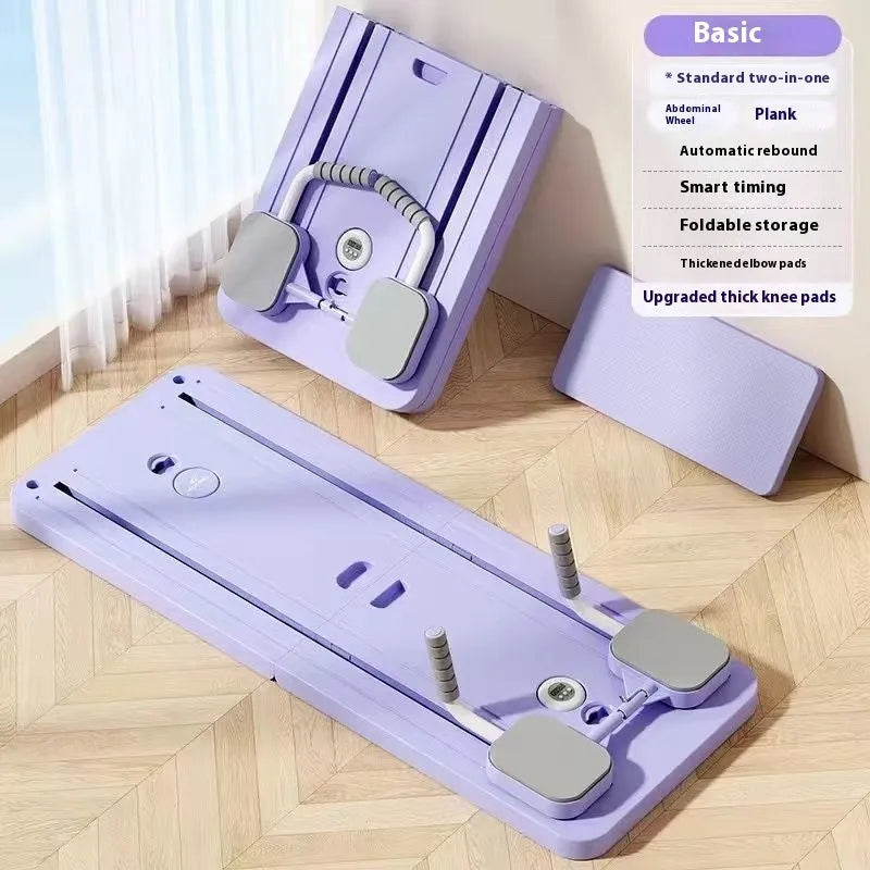 Purple multi-functional fitness board with an automatic rebound abdominal wheel for core and full-body home workouts.