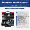 46-piece chrome vanadium steel socket wrench set with nickel-plated sockets and ratchets.