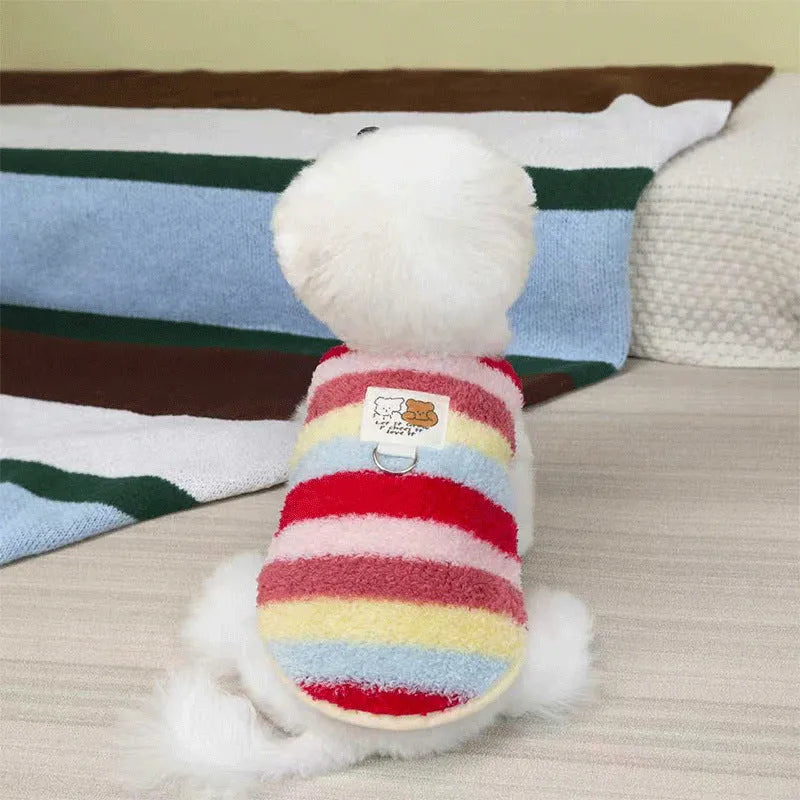 Striped fuzzy two-legged dog coat with integrated leash ring and bear cloth label, for small and medium dogs