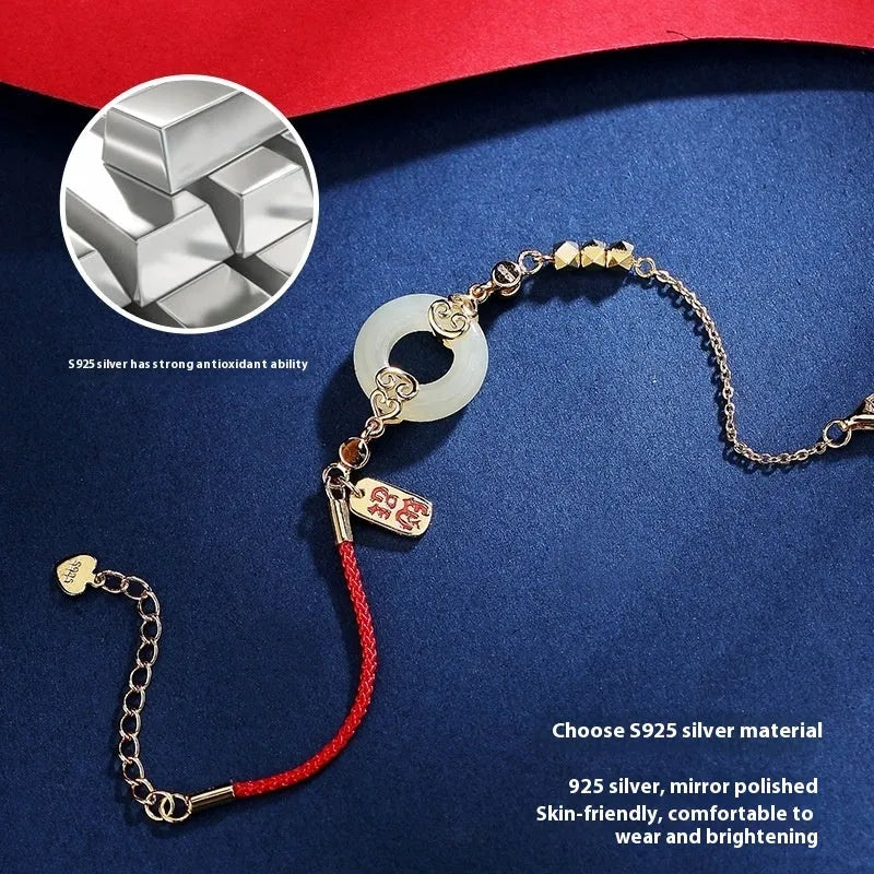 925 sterling silver Chinese-style jewellery set with Hetian jade gourd bracelet, necklace, and earrings