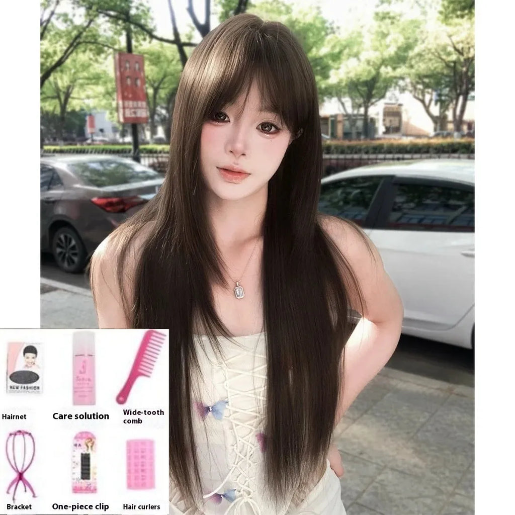 High-temperature fibre wig in black tea brown colour with head cover for ladies hair replacement