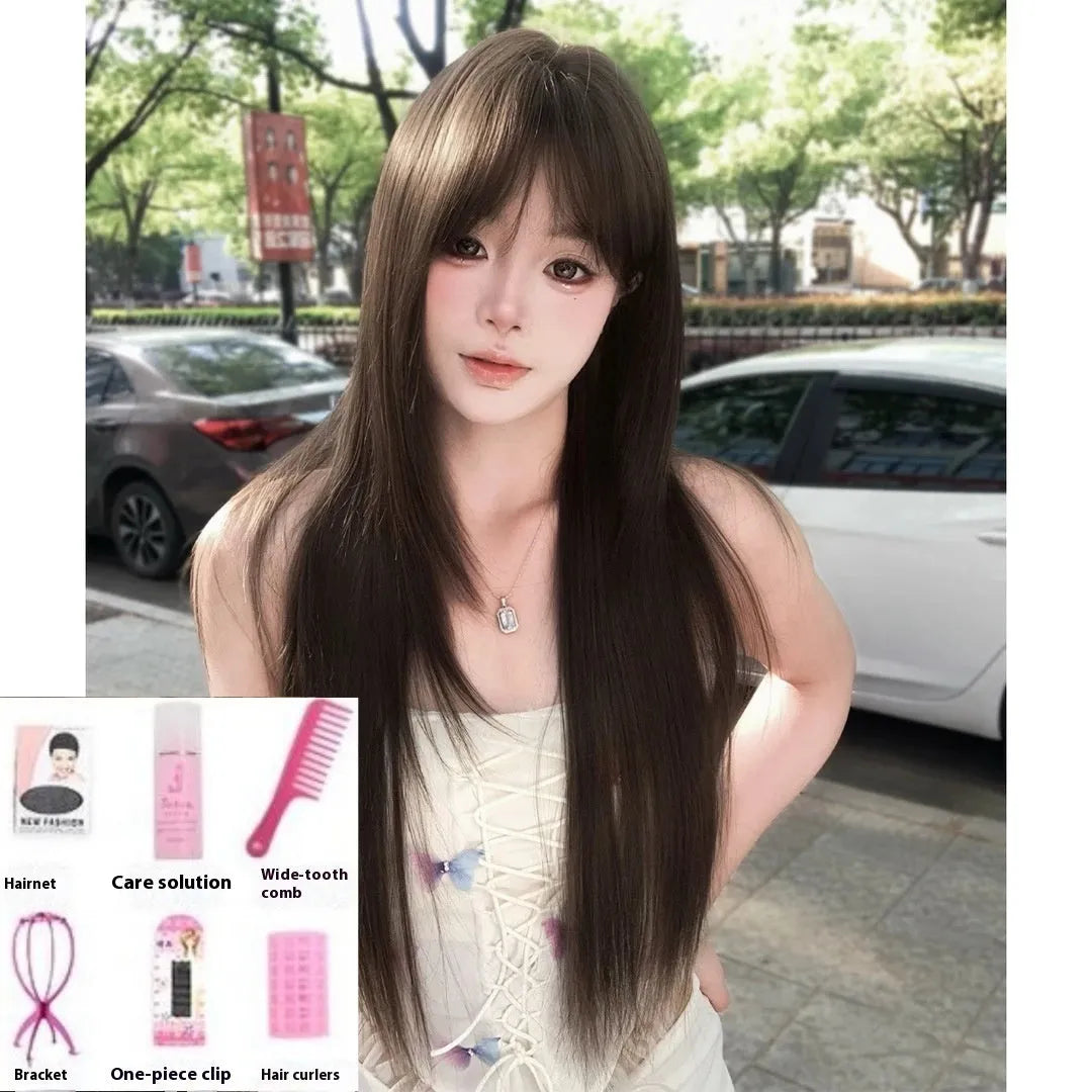 High-temperature fibre wig in black tea brown colour with head cover for ladies hair replacement