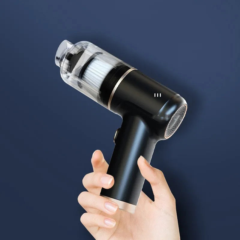 Black wireless handheld car vacuum cleaner with attachments including brushes and nozzles.