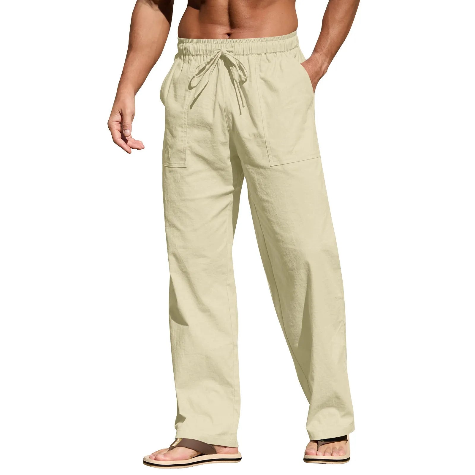 Men's straight leg cotton trousers with a drawstring elastic waistband in a light apricot colour.