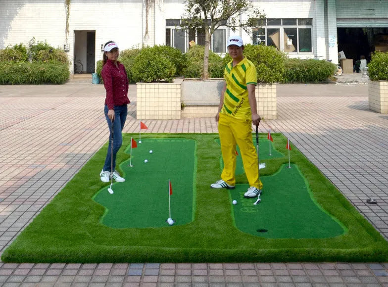 Large green artificial lawn putting mat 1.5x3m on indoor floor for golf practice