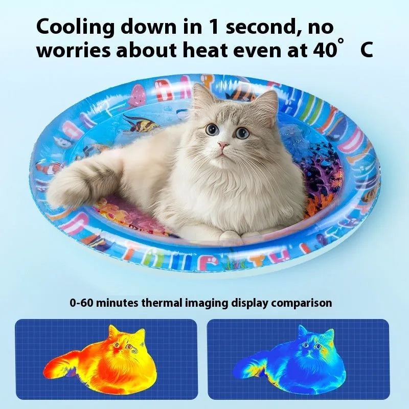 Inflatable blue pet cooling water mat with dolphin print, filled with water for a dog or cat.