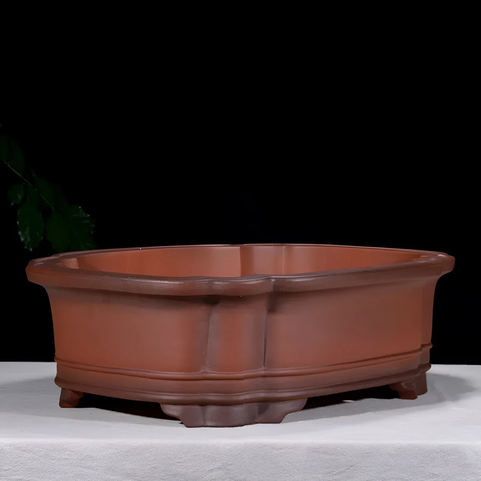 Antique finished rectangular purple clay flowerpot with detailed tree stump and floral relief carving.