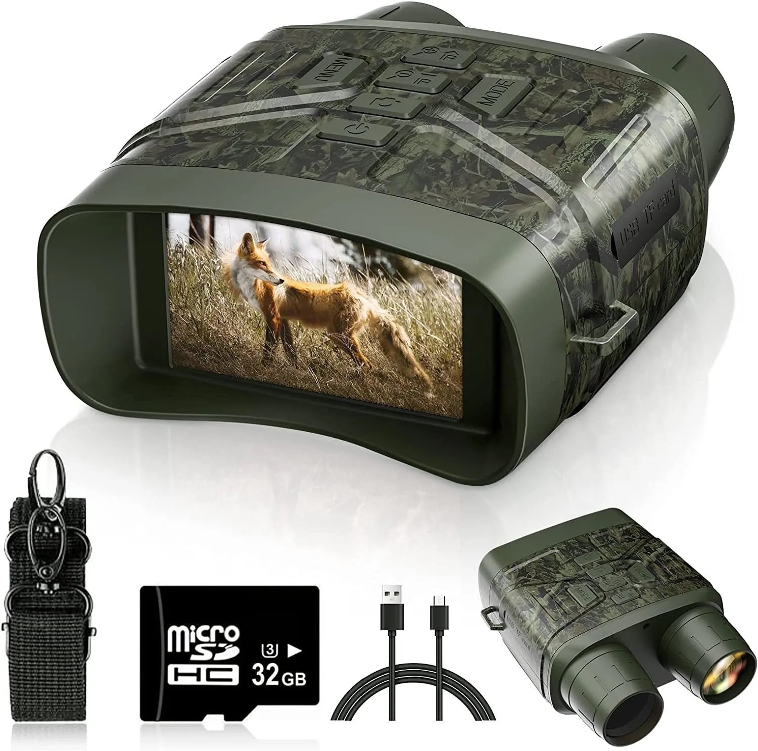 Black night vision instrument with 4K 36MP resolution and 3-inch display showing night vision footage