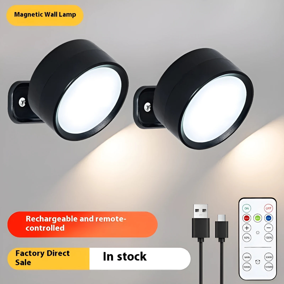 Rechargeable touch night lamp with tricolor light, pack of two, black or wood grain finish, bedside reading